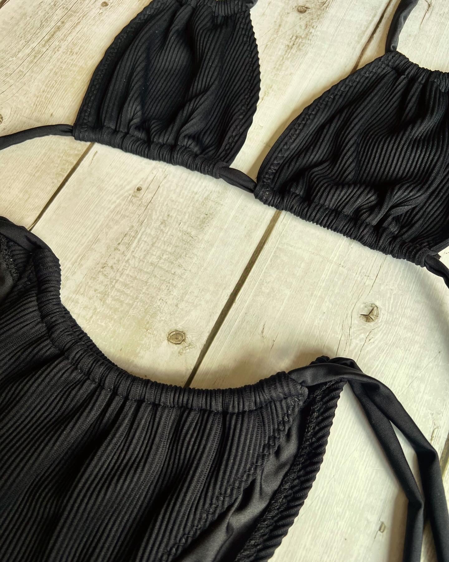 Black Ribbed String Bikini